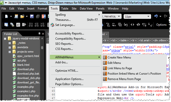 AllWebMenus Expression Web Menu Addin Screenshot